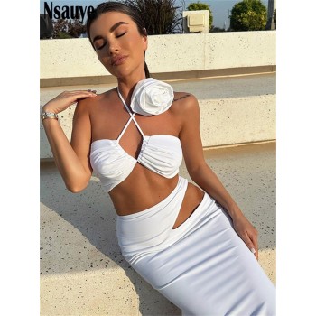 Nsauye Summer Casual Beach Women Sexy Club Skirt Suit Hollow Out Skinny Halter Crop Tops And Long Wrap Skirt Two Piece Set 2023