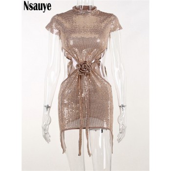 Nsauye Summer Fashion Women Sexy Evening Bling Glitter Elegant Party Club Mini Dress 2023 Hollow Out Y2K Bodycon Short Dresses