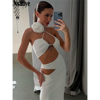 Nsauye Summer Casual Beach Women Sexy Club Skirt Suit Hollow Out Skinny Halter Crop Tops And Long Wrap Skirt Two Piece Set 2023