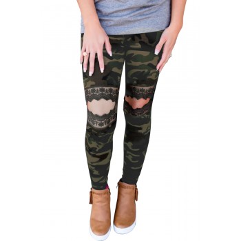 Floral Hollow Out Brown Leopard Printed Skinny Leggings Camo