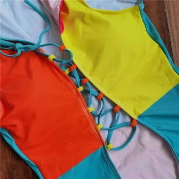 Colorblock One Piece Swimsuit Lace Up Trikini Swimwear Ladies Swimwear Women 2021 Swimming Suit Bodysuit Female One Piece Suit