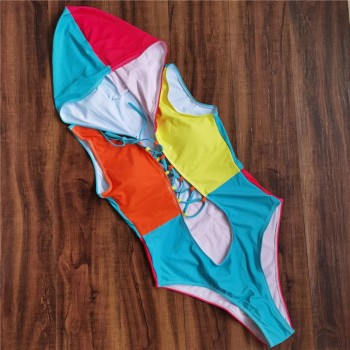 Colorblock One Piece Swimsuit Lace Up Trikini Swimwear Ladies Swimwear Women 2021 Swimming Suit Bodysuit Female One Piece Suit