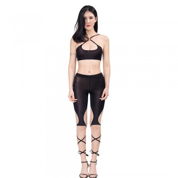 Hollow Out Low Rise Waist Knee Length Pants Push Up Tight Ice Silk See Through Control Short Shiny With Short