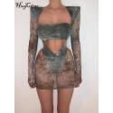 2 Pieces Mesh Chinese Print Sleeves With Shoulder Pads Bodysuit Skirt Or Leggings Matching Set