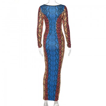Long Sleeve Slip Snake Print Hollow Out Bandage Backless Sexy Maxi Dress 
