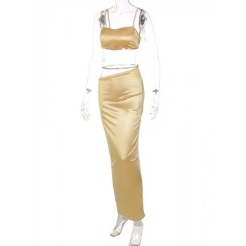 Slip Sleeveless Crop Top Metal Chain Maxi Dress 2 Pieces Set 2022 Summer Women