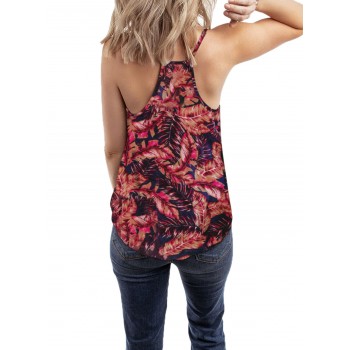 Green V Neck Strappy Tropical Print Tank Top Red