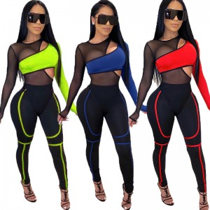 2 Piece Joggers Set Women Mesh Patchwork Tracksuit Outfits Sportswear Neon Clothing Matching Sets Jogging Femme Plus Size