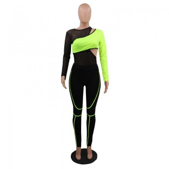2 Piece Joggers Set Women Mesh Patchwork Tracksuit Outfits Sportswear Neon Clothing Matching Sets Jogging Femme Plus Size