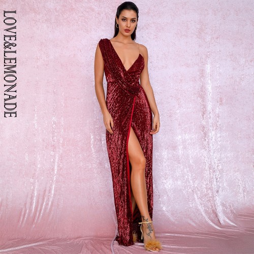 LOVE&LEMONADE Sexy Deep Red Deep V-Neck Whit Split Sequins Party Maxi ...
