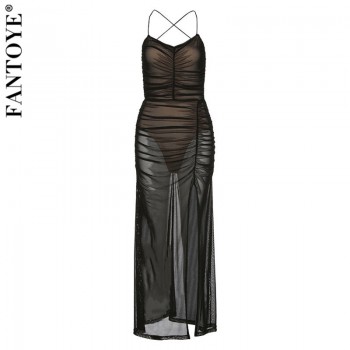 FANTOYE Double-Layer Mesh See-Through Dress With Inner Women Sexy Backless Maxi Bodycon Party Dress Summer Beachwear Dresses