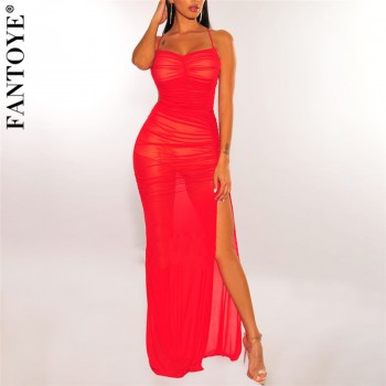 FANTOYE Double-Layer Mesh See-Through Dress With Inner Women Sexy Backless Maxi Bodycon Party Dress Summer Beachwear Dresses