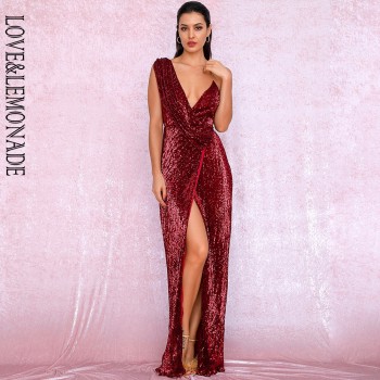 LOVE&LEMONADE Sexy Deep Red Deep V-Neck Whit Split Sequins Party Maxi Dress LM81849