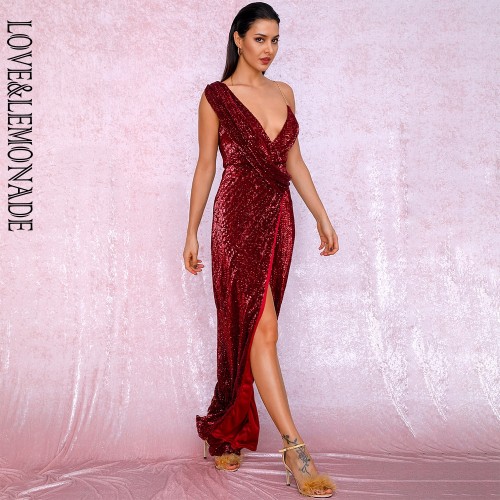 Loveandlemonade Sexy Deep Red Deep V Neck Whit Split Sequins Party Maxi