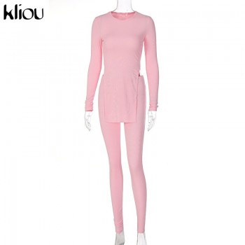 Solid Concise Two Piece Set Women Autumn Long Sleeve Tees+Skinny Pencil Pants Matching Outfit
