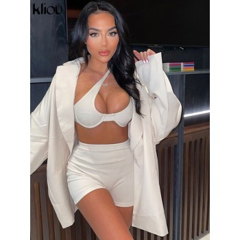  Biker Shorts Two Piece Set Women Sexy Cleavage Wrap Chest Shape Skew Collar Vest+Solid Knitted Simple Sporty Short Pants
