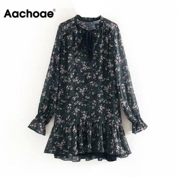 Aachoae Women Ruffle Bow Tie Mini Floral Print Dress Vintage Long Sleeve Casual Loose Pleated Dress Ruffles Party Dress Vestidos