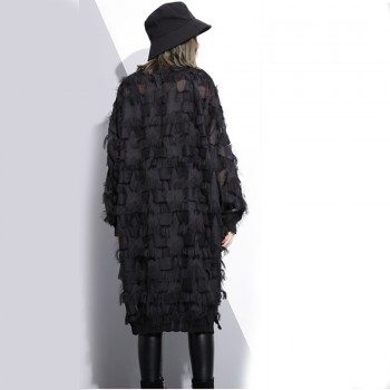 [EAM] 2020 New Spring Autumn Stand Collar Long Sleeve Perspective Black Loose Tassels Big Size Dress Women Fashion Tide JI780