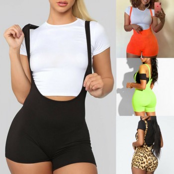 New Fashion Womens Spandex Bib Shorts 2019 Summer Casual Solid Color High Waist Rompers Trousers