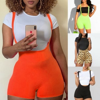 New Fashion Womens Spandex Bib Shorts 2019 Summer Casual Solid Color High Waist Rompers Trousers