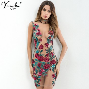 New Sexy Mesh Embroidery red Sequin Summer Dress Women Off Shoulder Perspective Luxury Night club bodycon Party Dresses vestidos