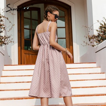 Simplee Casual Polka Dot Dress Sleeveless Holiday style high waist buttoned women's Dress Fashion Mid-length summer dresses NEW