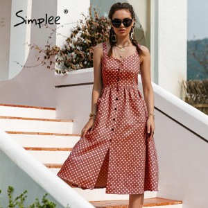 Simplee Casual Polka Dot Dress Sleeveless Holiday style high waist buttoned women's Dress Fashion Mid-length summer dresses NEW