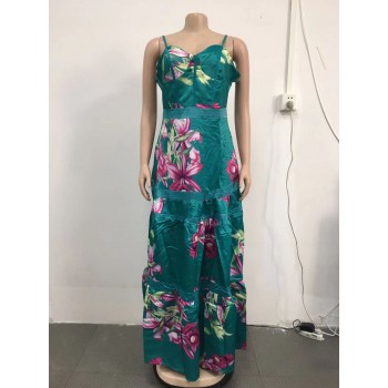 Summer Clothes Floral Print Sleeveless Backless Bodycon Maxi Dress