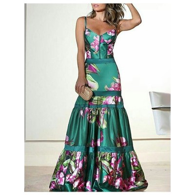 Summer Clothes Floral Print Sleeveless Backless Bodycon Maxi Dress