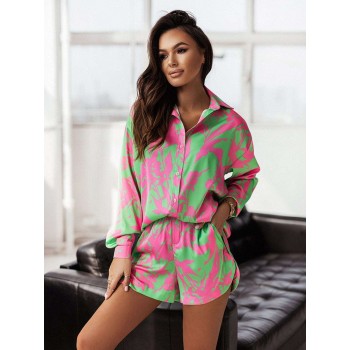 Print sets for women Summer Casual Bohemian Vacation long sleeves Shirt Top + shorts 2 Piece Set 