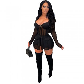 Summer Women Tracksuit Two Piece Set Sheer Mesh Shirt Coat + Panty Solid Color See Through
