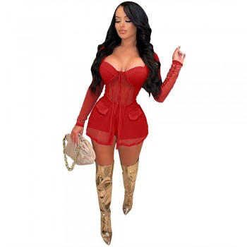 Summer Women Tracksuit Two Piece Set Sheer Mesh Shirt Coat + Panty Solid Color See Through