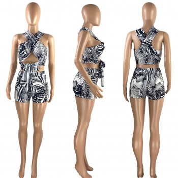 Fashion Print 2 Piece Sets Cross Halter Rop and Shorts Summer Beach Vacation Outfits for Women