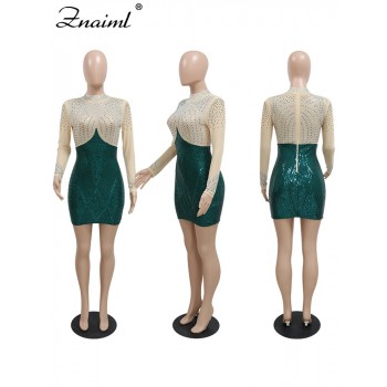Party Club Women Mini Bodycon Green Dress Mesh Rhinestone Patchwork 