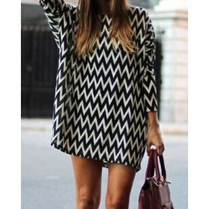 Casual Style Round Neck Long Sleeve Printed Loose-Fitting Dress For Women white black