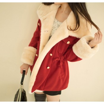 Double Breasted Fleece Lined Draw String Beam Waist Worsted Color Matching Coat For Women blue red camel