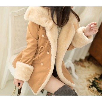 Double Breasted Fleece Lined Draw String Beam Waist Worsted Color Matching Coat For Women blue red camel