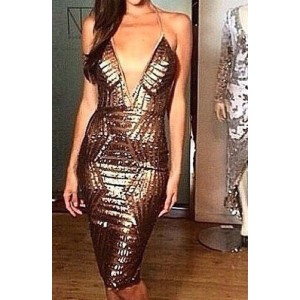 Halter Neck Backless Sleeveless Solid Color Sexy Dress For Women gold