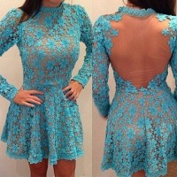 Lace Crochet Flower See-Through Sexy Round Neck Long Sleeve Women's Dress light blue