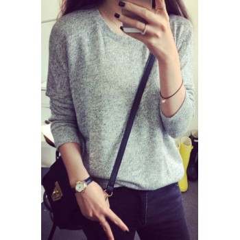 Scoop Neck Solid Color Long Sleeves Stylish Sweater For Women white black gray