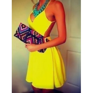 Sexy Halter Sleeveless Solid Color Backless Dress For Women yellow