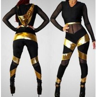 Sexy Hooded Long Sleeve Spliced See-Through Bodycon Jumpsuit For Women
