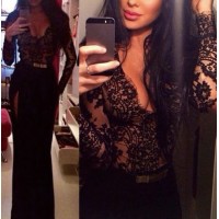 Sexy Long Sleeve Plunging Neck See-Through Lace Spliced Dress For Women black