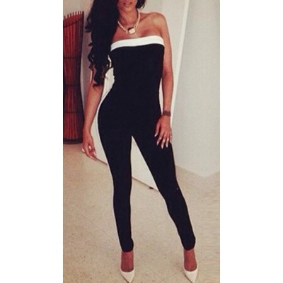 Sexy Off The Shoulder Patchwork Black Women's One-piece Skinny Jumpsuit