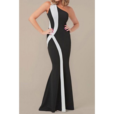 Sexy One-Shoulder Sleeveless Color Block Maxi Dress For Women black