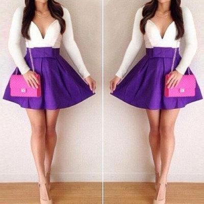 Sexy Plunging Neck Long Sleeve Spliced Bowknot Embellished Dress For Women purple 