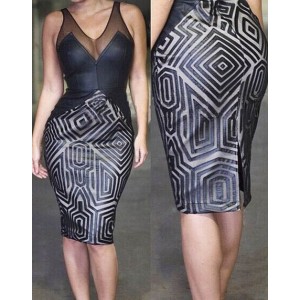 Sexy Plunging Neck Sleeveless Spliced Printed See-Through Dress For Women black