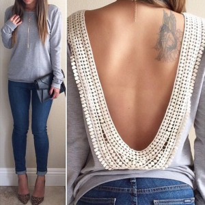 Sexy Round Collar Long Sleeve Spliced Backless T-Shirt For Women gray