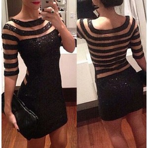 Sexy Round Neck 1/2 Sleeve Sequined See-Through Dress For Women black