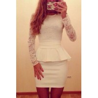Sexy Round Neck Long Sleeve Spliced Flounced Dress For Women white blue green